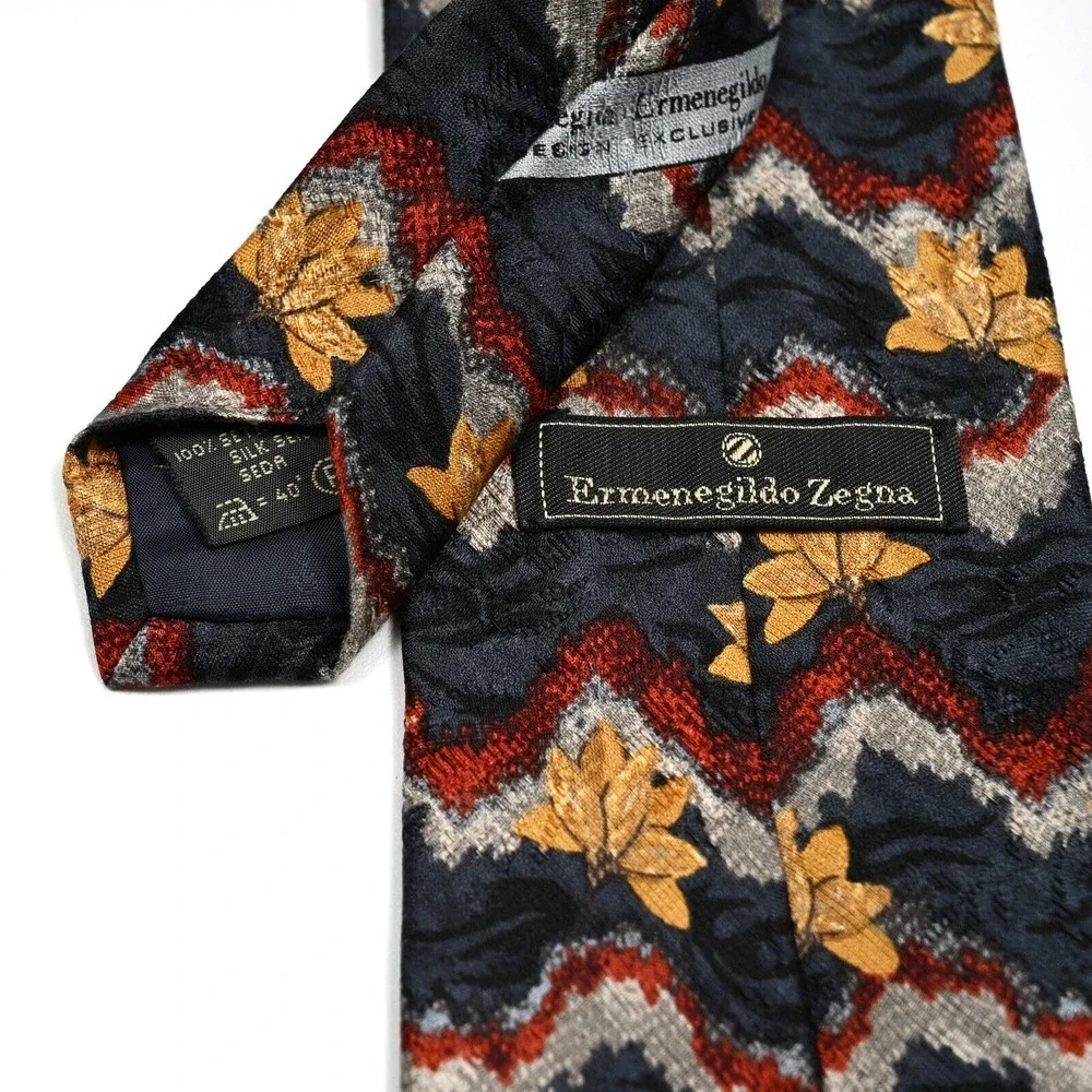 Ermenegildo Zegna Gold Red Gray Floral‎ Geometric 100% Silk Neck Tie Designer